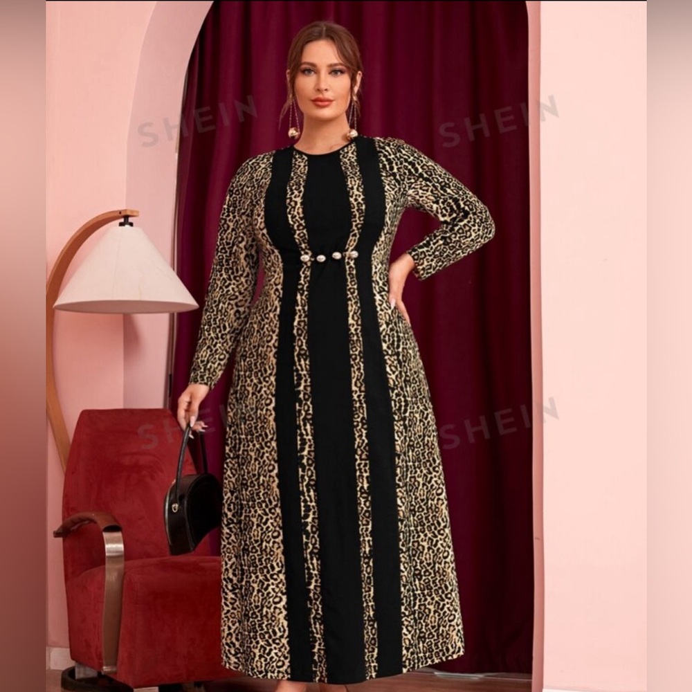 Plus Leopard Paneled Button Detail Dress